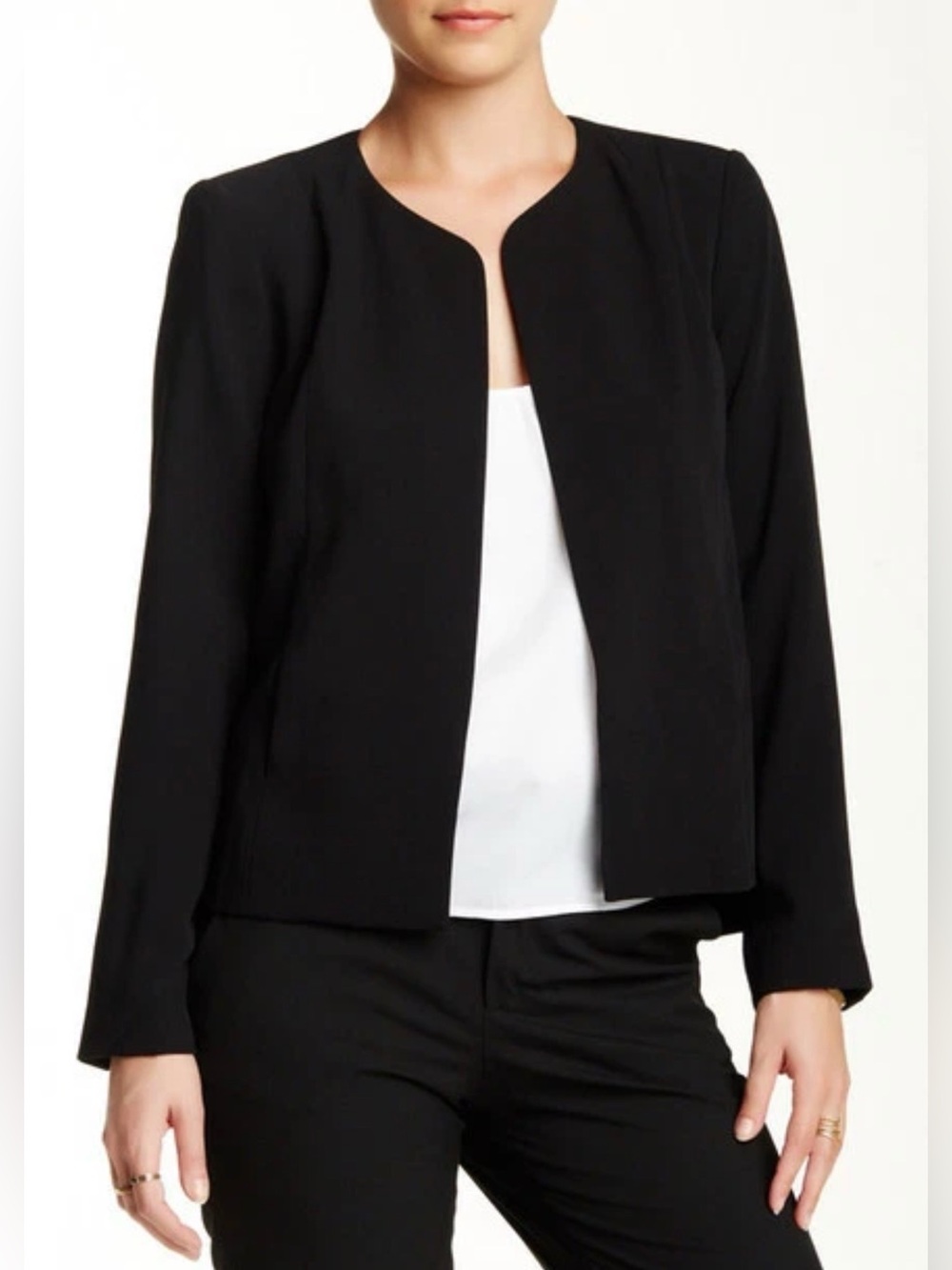 ✨ EILEEN FISHER Collarless Open-Front Tropical Suiting Blazer | Black | Size 4
